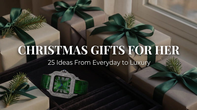 United Jewel Empress Liora Emerald moissanite watch in a holiday flat-lay with ribbon and gift wrap