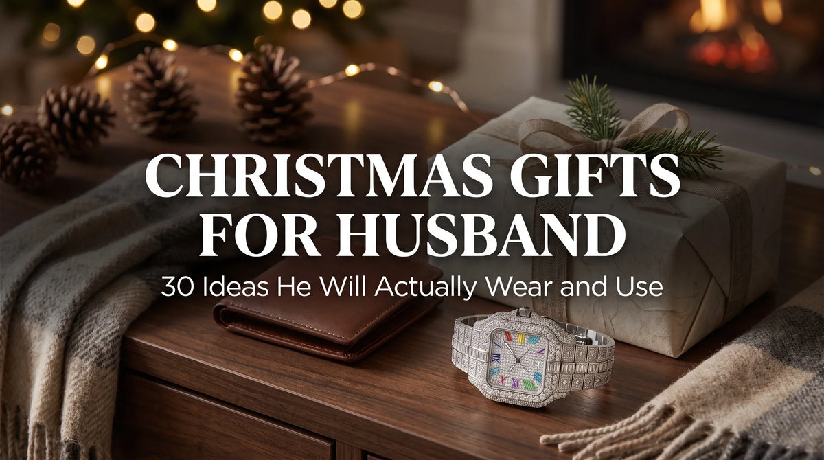 Men’s moissanite watch styled as a Christmas gift for husband