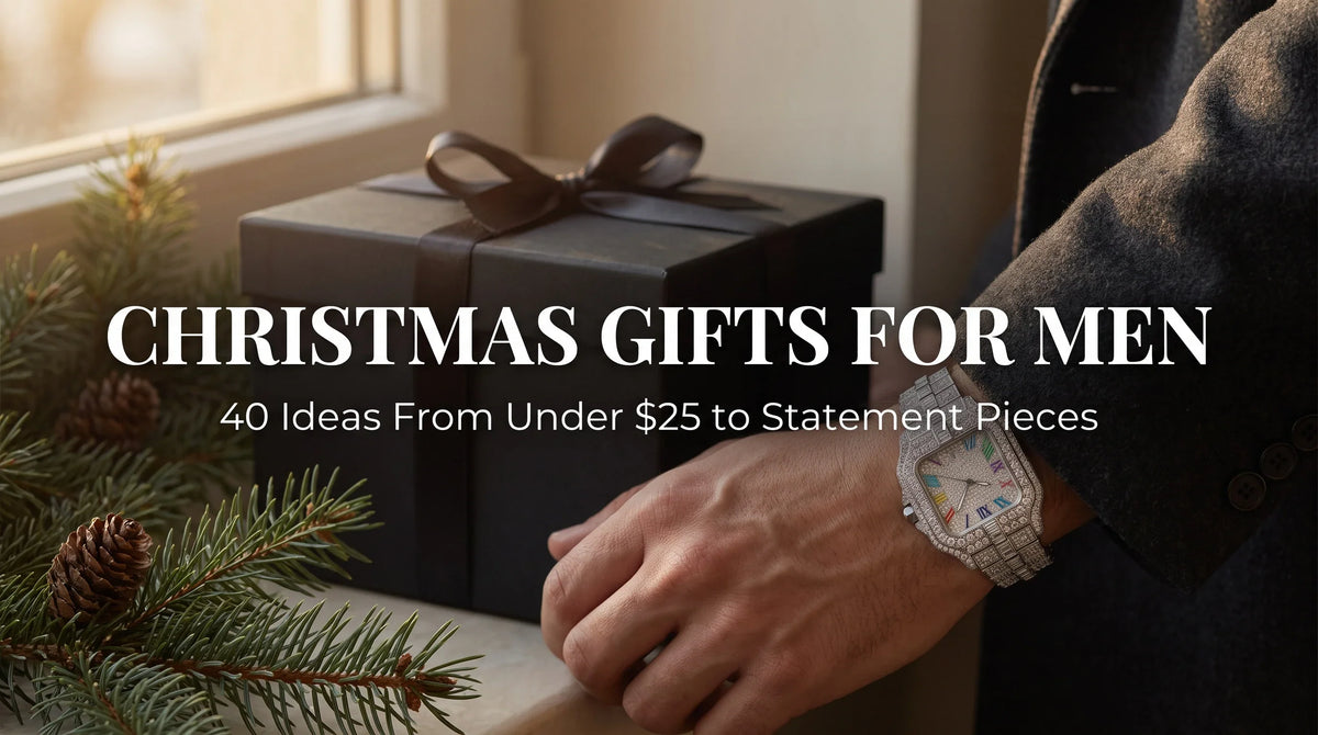 United Jewel men's moissanite watch styled as a Christmas gift beside a black gift box