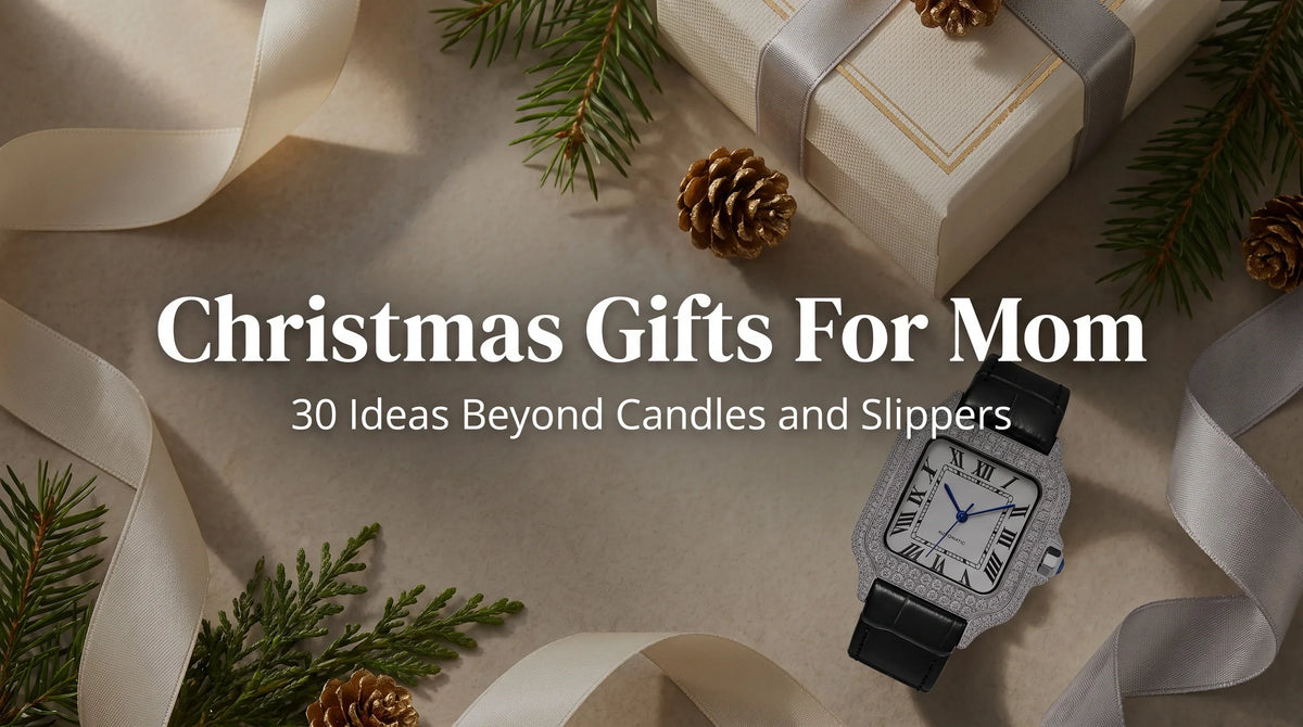 United Jewel Empress Liora Pearl moissanite watch styled as a Christmas gift flat-lay