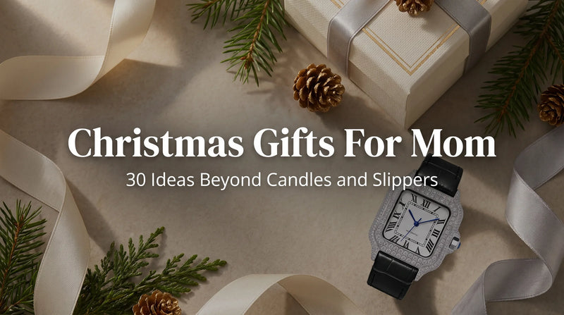 United Jewel Empress Liora Pearl moissanite watch styled as a Christmas gift flat-lay