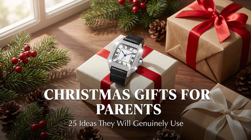 United Jewel Liora Pearl moissanite watch styled with wrapped Christmas gifts and pine branches