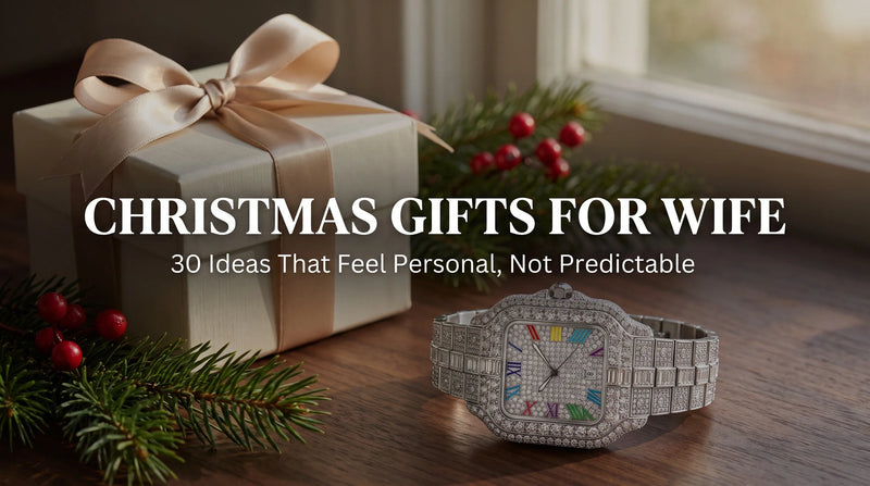United Jewel Empress Liora moissanite watch styled as a Christmas gift with ribbon and evergreen