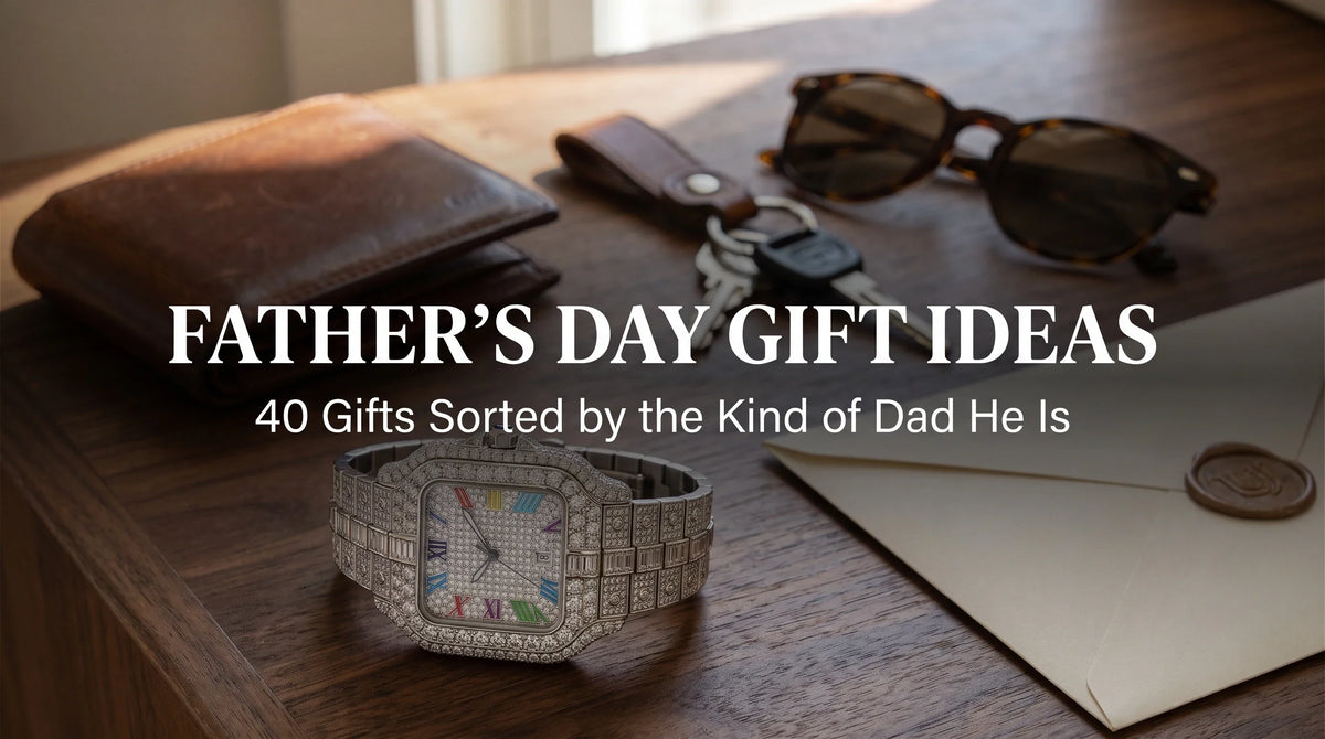 Rainbow Moissanite Watch styled with wallet and keys for a Father’s Day gift guide