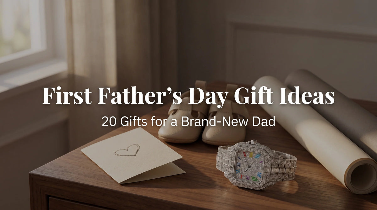 The Mogul Rainbow iced out watch with baby shoes and a Father’s Day card
