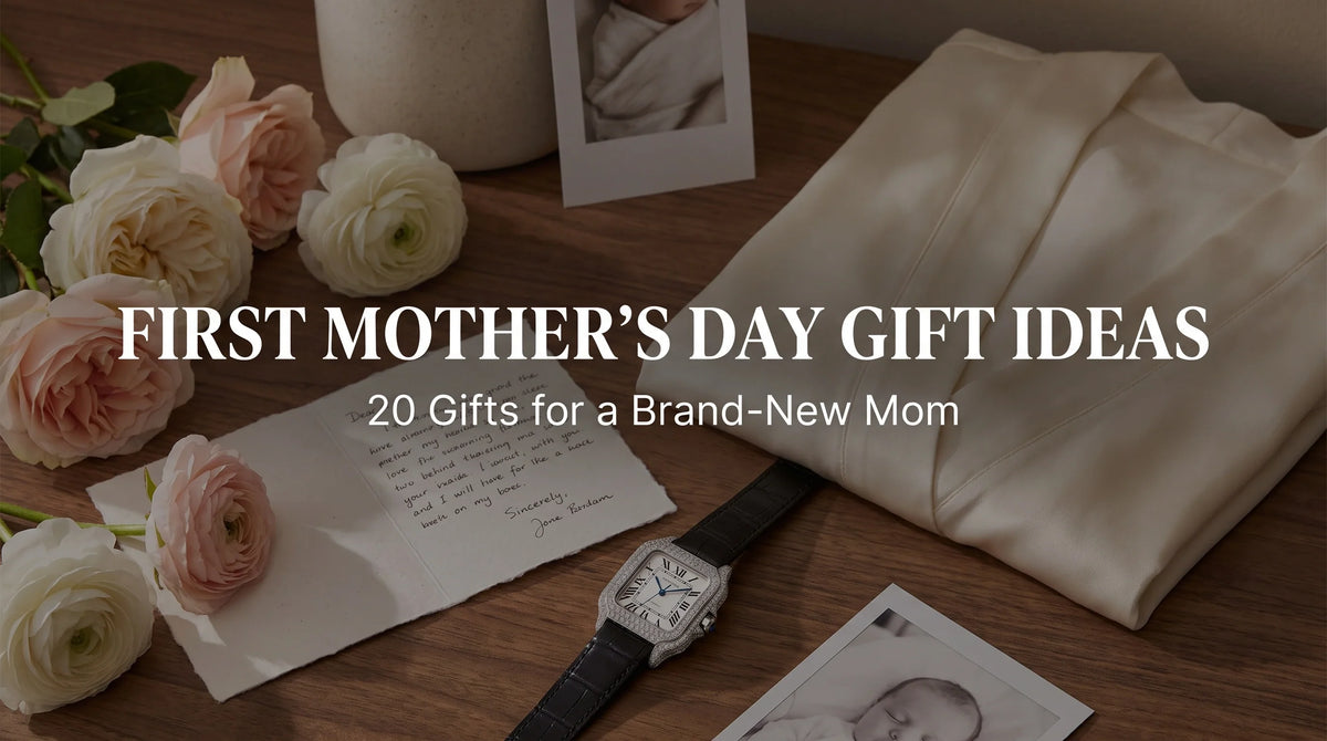 United Jewel Liora Pearl moissanite watch on a bedside tray with flowers and a handwritten Mother’s Day note