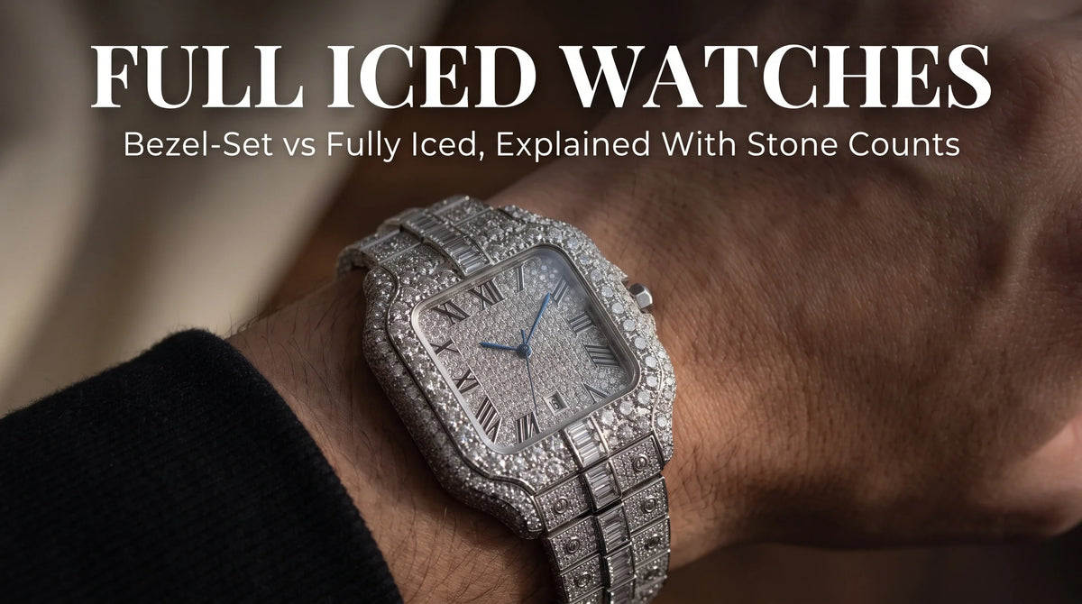 Ice Royal Moissanite Watch on wrist showing a full iced moissanite watch with dial, bezel, case, and bracelet