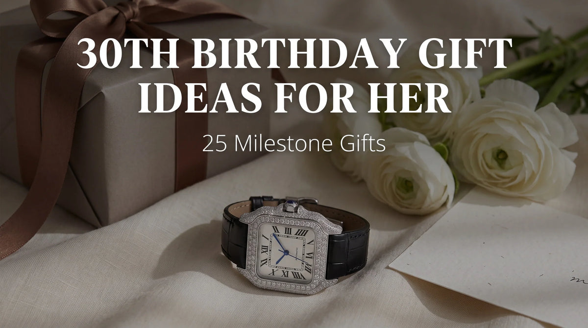 Liora Pearl moissanite watch styled with ribbon, flowers, and a gift box for a 30th birthday