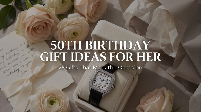 Liora Pearl moissanite watch with flowers and a birthday card in a 50th birthday gift flat-lay