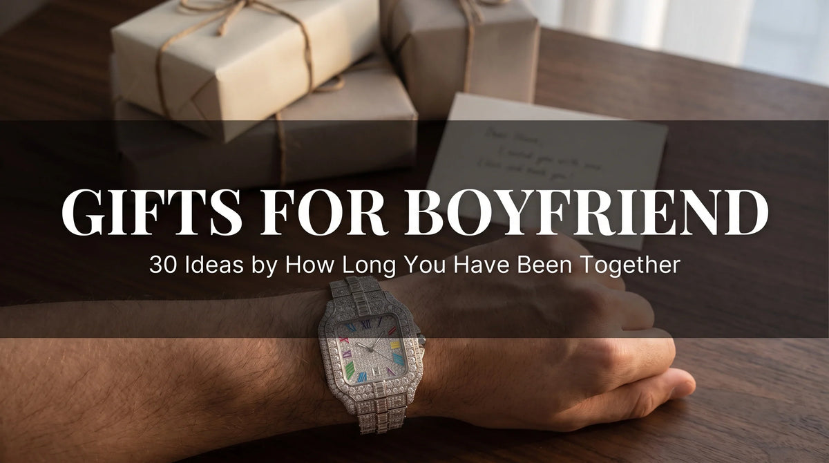 Rainbow Moissanite Watch on a wrist as a boyfriend gift, fully iced moissanite watch with multicolor dial