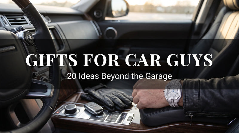 Ice Royal Moissanite Watch on a wrist beside car keys and black leather driving gloves in a dark car interior