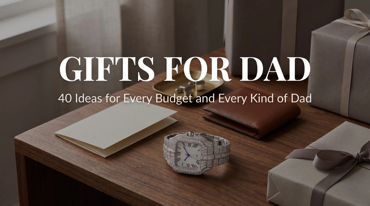 Ice Royal Moissanite Watch in a gift flat lay with wallet, key tray, and card