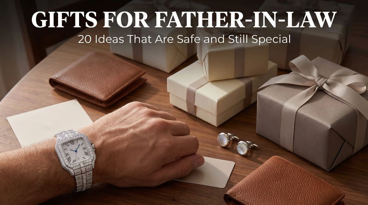 The Mogul Ice Royal iced out watch on a wrist beside wrapped gifts, a wallet, and a card for a father-in-law