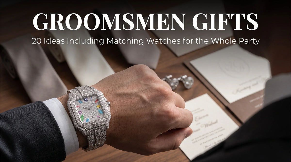 The Mogul Rainbow iced out watch styled with wedding accessories for a groomsmen gift guide
