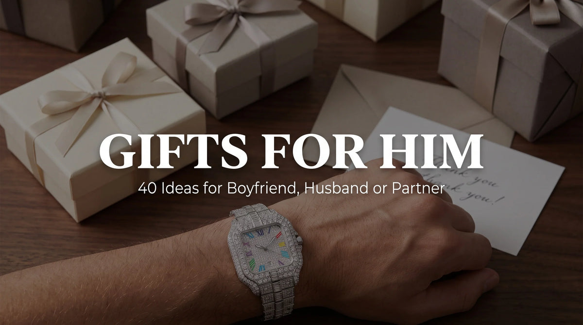 Rainbow Moissanite Watch beside wrapped gifts in a flat-lay for a gifts for him guide
