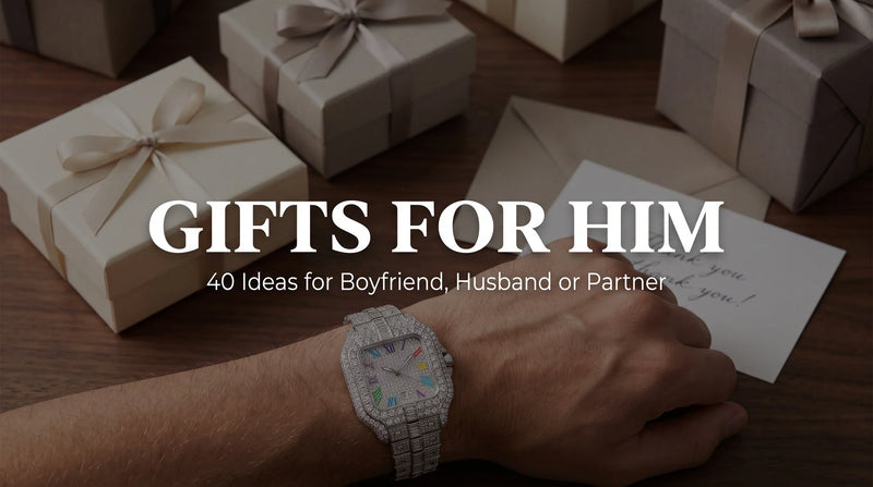 Rainbow Moissanite Watch beside wrapped gifts in a flat-lay for a gifts for him guide