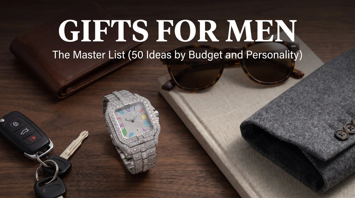 Rainbow Moissanite Watch with wallet, sunglasses, and keys in a gifts for men flat-lay