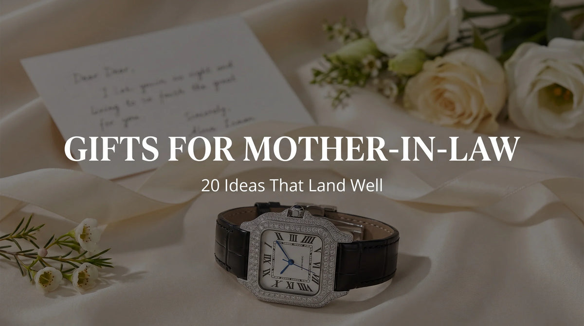 The Empress Liora Pearl moissanite watch styled with a ribbon and card for gift giving