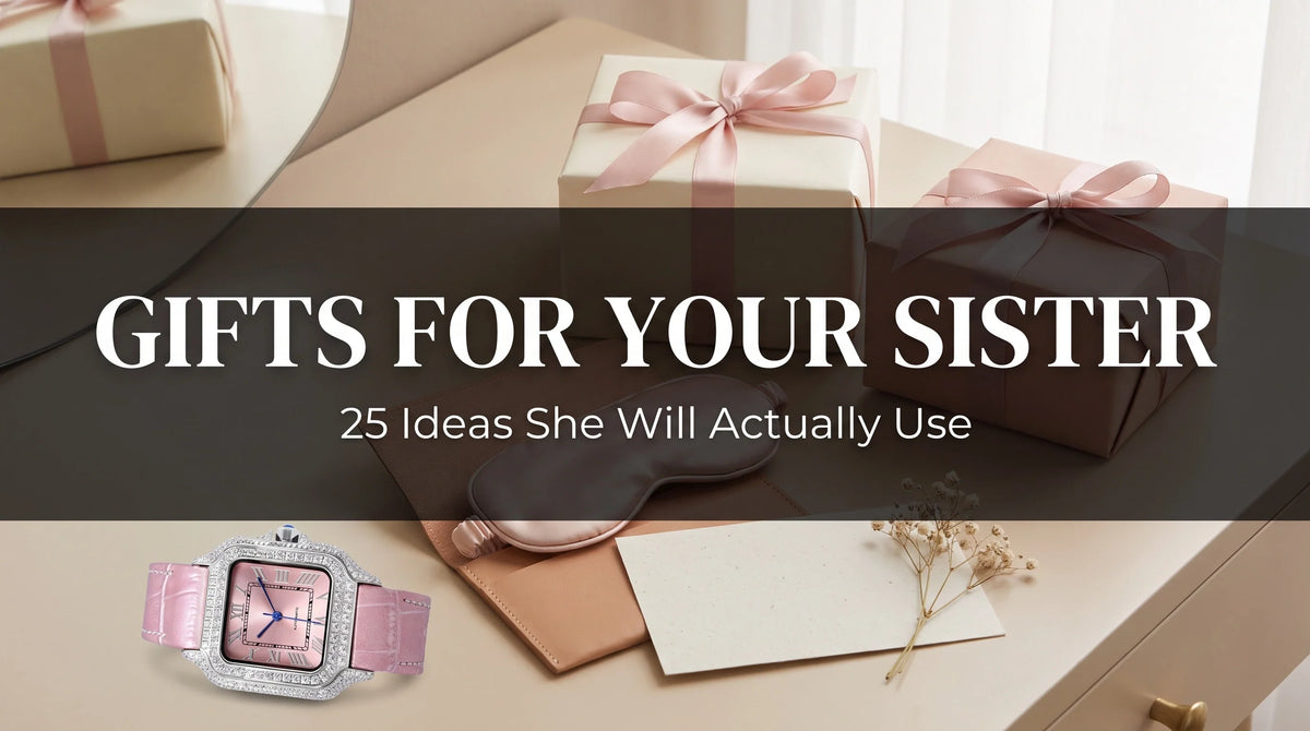 Liora Rose moissanite watch styled as a sister gift with pink ribbon, card, and small leather accessories