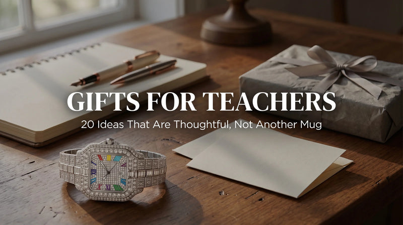 Rainbow iced out watch styled with a teacher’s notebook, pens, and a thank-you card
