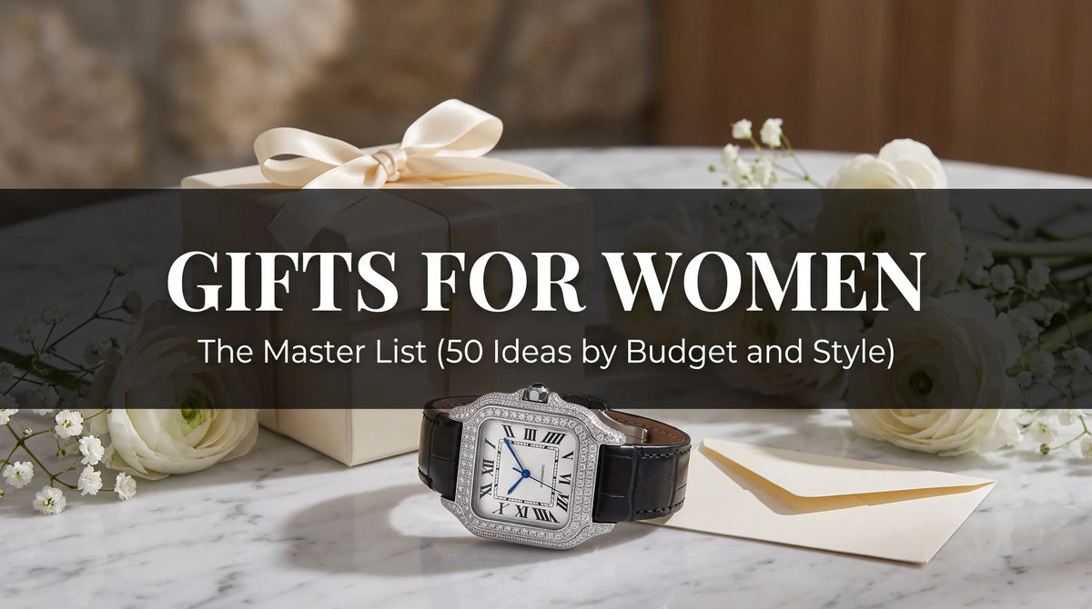 Liora Pearl moissanite watch in a gift box with ribbon and flowers