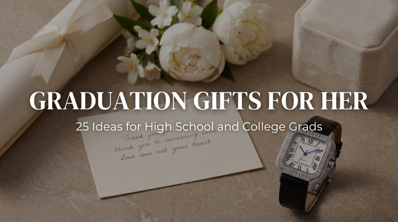 Liora Pearl moissanite watch beside diploma, flowers, and gift box for graduation
