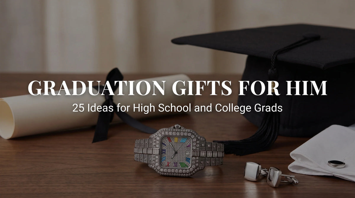 The Mogul Rainbow iced out watch beside a diploma and graduation cap on a dark wood desk