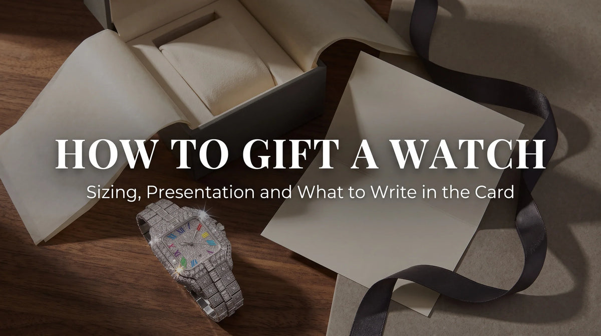 Rainbow Moissanite Watch with a gift box, ribbon, and handwritten card, styled for a watch gifting guide
