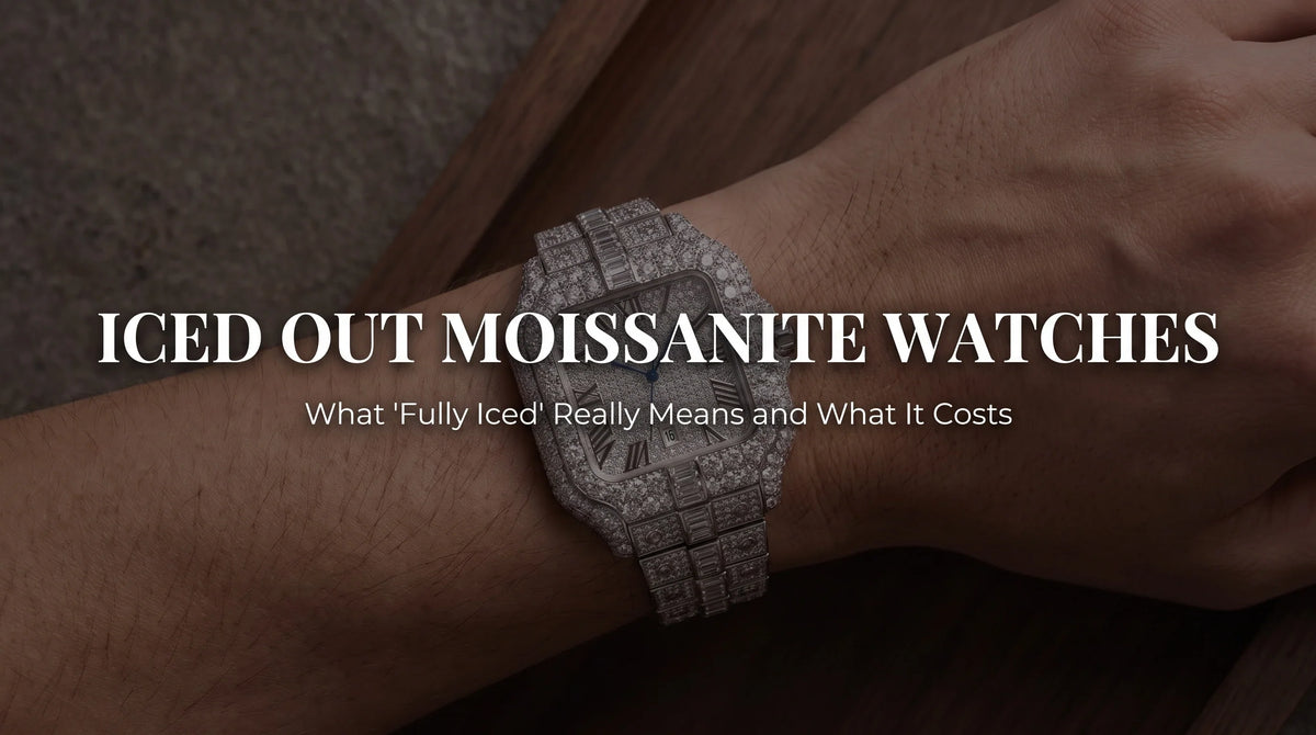 Ice Royal Moissanite Watch on wrist showing a fully iced moissanite watch case, dial, and bracelet