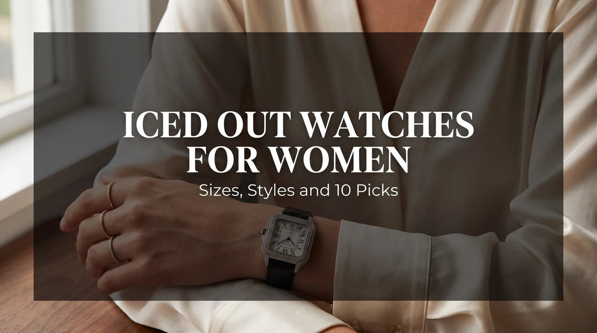 Liora Pearl moissanite watch on a woman’s wrist, smaller women’s proportions with a square case and leather strap