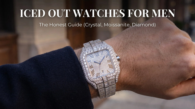 Ice Royal Moissanite Watch on wrist, men’s moissanite watch with fully iced case and bracelet