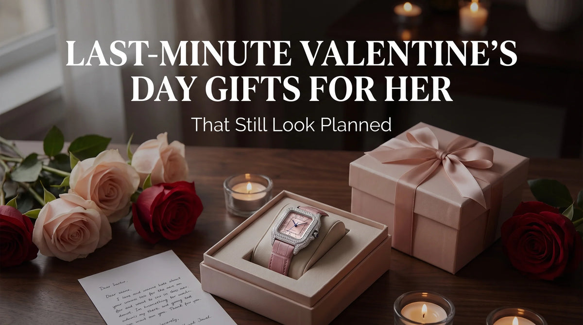 Liora Rose moissanite watch in a Valentine’s flat lay with roses and a gift box
