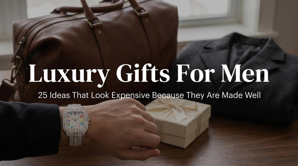 Men’s moissanite watch styled with luxury gifts on a dark table