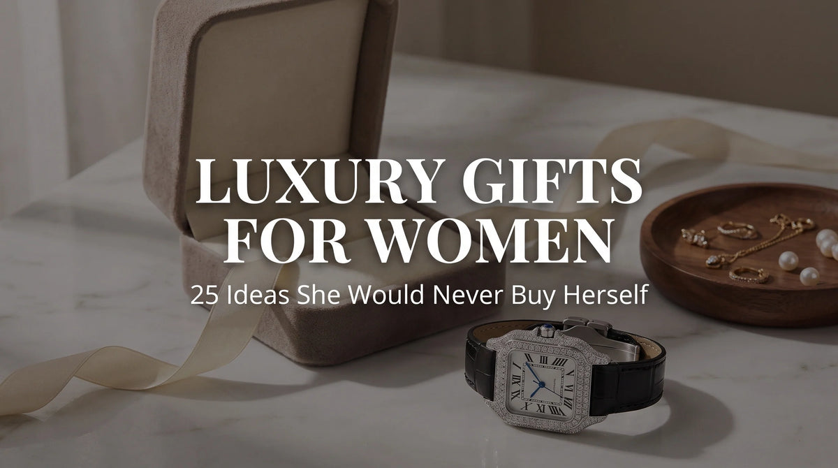 The Empress Liora Pearl moissanite watch with square case, white dial, and leather strap in a luxury gift flat-lay