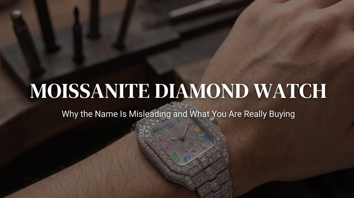 Rainbow Moissanite Watch on the wrist with a Roman numeral dial and multicolor stone indexes