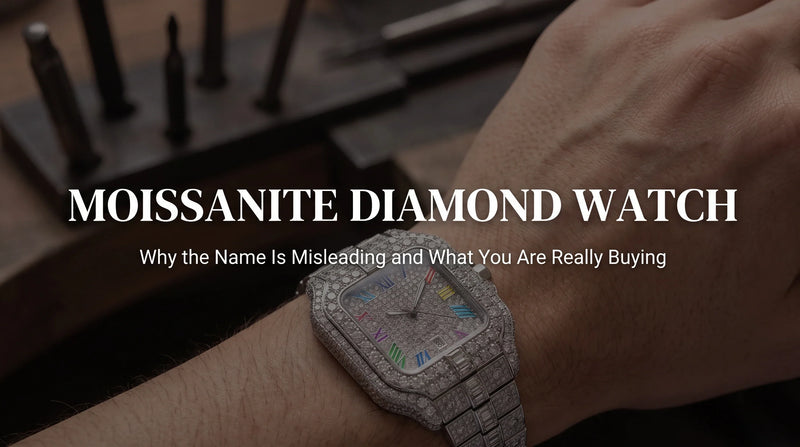Rainbow Moissanite Watch on the wrist with a Roman numeral dial and multicolor stone indexes
