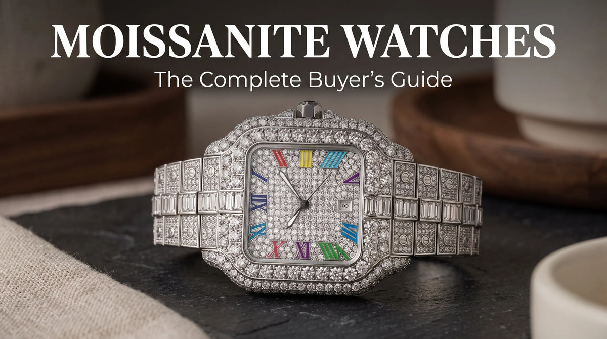 United Jewel moissanite watch with iced bracelet in a studio flat-lay