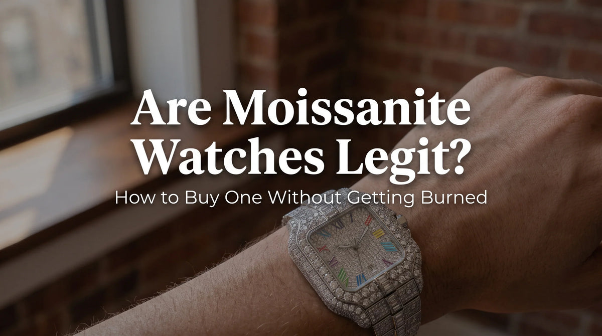 Rainbow Moissanite Watch on a wrist, a fully iced moissanite watch with multicolor stone indexes