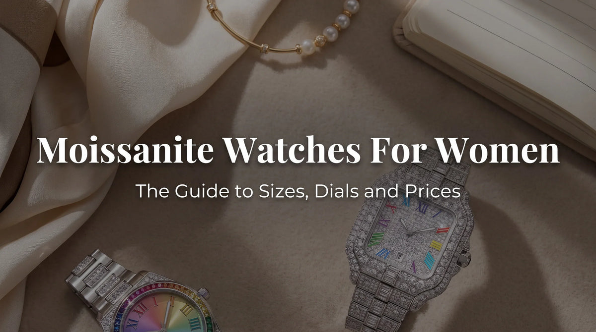 Liora Pearl moissanite watch beside the Rainbow Moissanite Watch in a styled flat lay