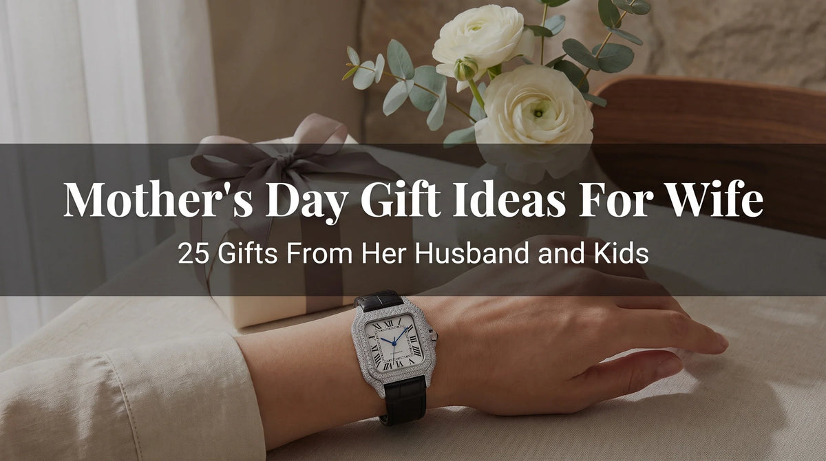 Liora Pearl moissanite watch with white dial and square case styled as a Mother’s Day gift