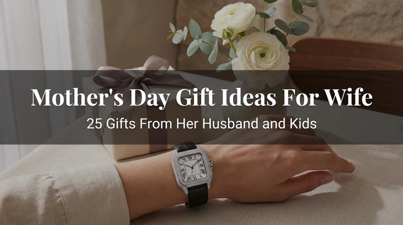 Liora Pearl moissanite watch with white dial and square case styled as a Mother’s Day gift
