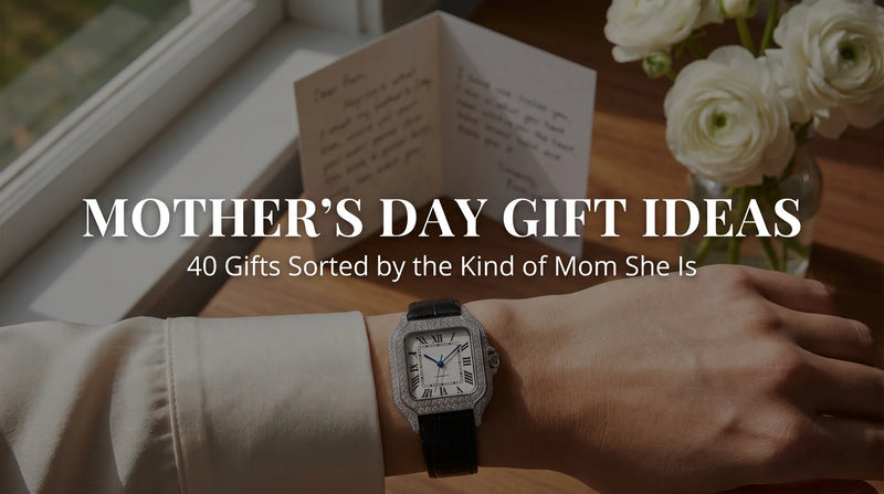 Liora Pearl moissanite watch with white dial and leather strap on a woman’s wrist
