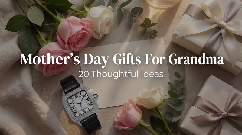 Liora Pearl moissanite watch with white dial and leather strap styled as a Mother’s Day gift for grandma
