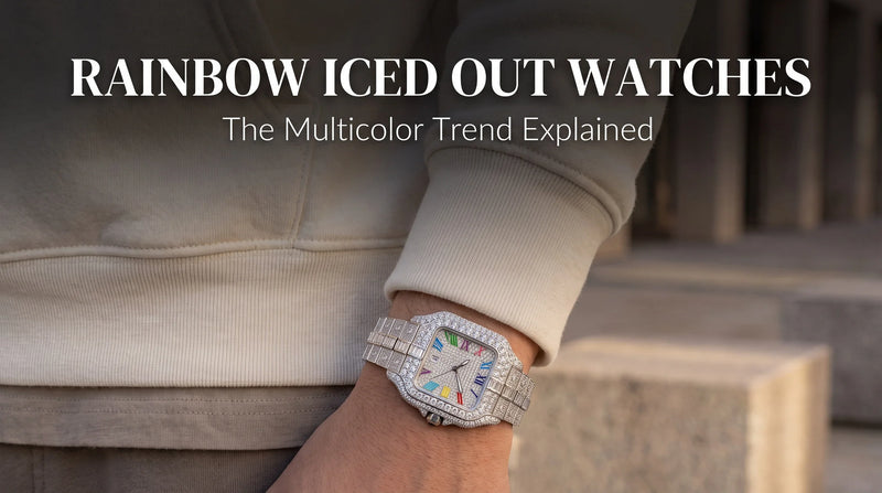 Rainbow Moissanite Watch on wrist with multicolor hour markers and fully iced moissanite watch bracelet