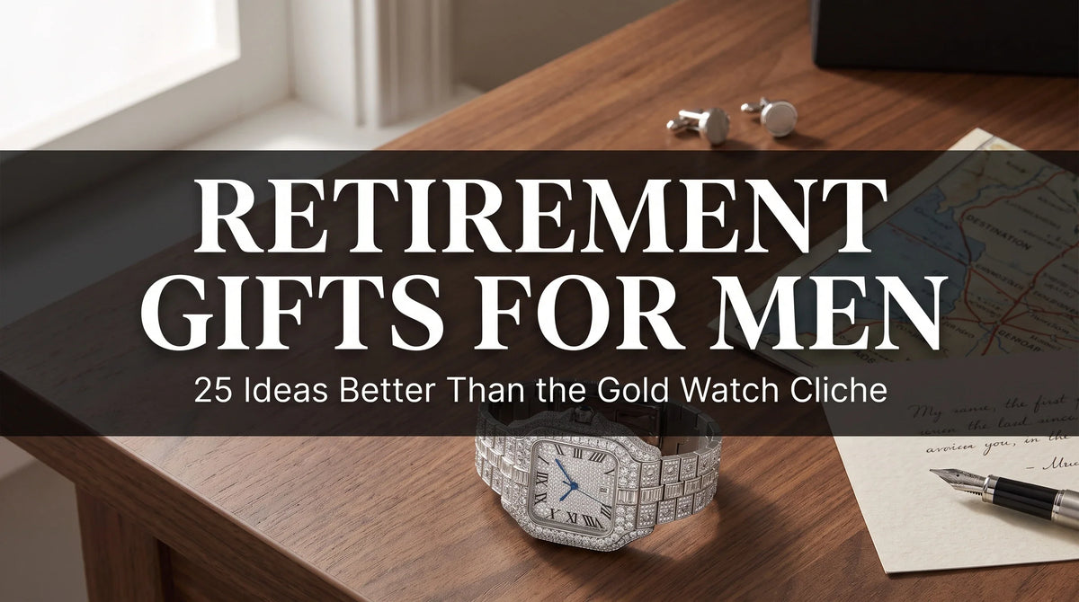 Ice Royal Moissanite Watch on a walnut desk with a retirement card and pen, a dressy gift for men