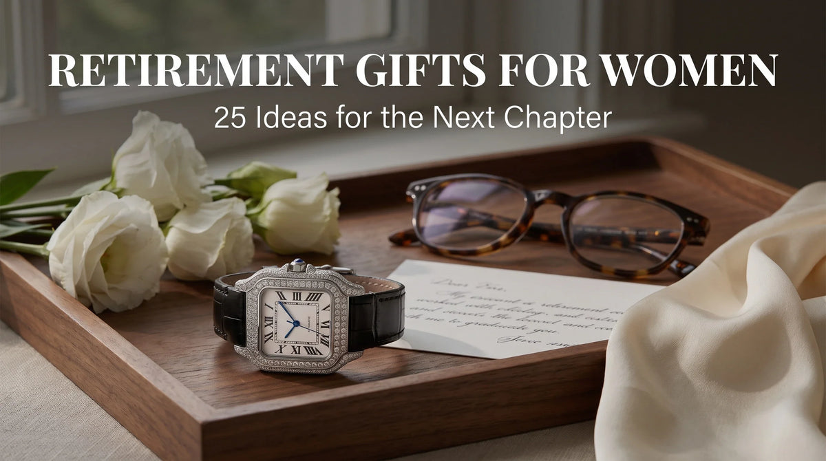 The Empress Liora Pearl moissanite watch beside retirement flowers and a handwritten card