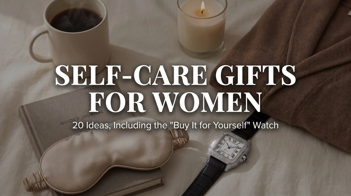The Empress Liora Pearl moissanite watch styled with a journal, silk sleep mask, and candle