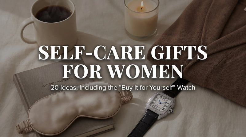 The Empress Liora Pearl moissanite watch styled with a journal, silk sleep mask, and candle