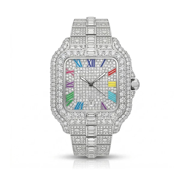 Rainbow moissanite watch with multicolor indexes, used to compare moissanite and diamond watches