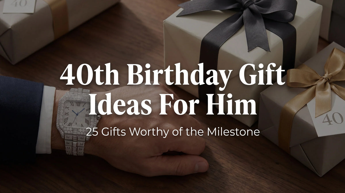 Ice Royal Moissanite Watch on a man’s wrist beside wrapped 40th birthday gifts